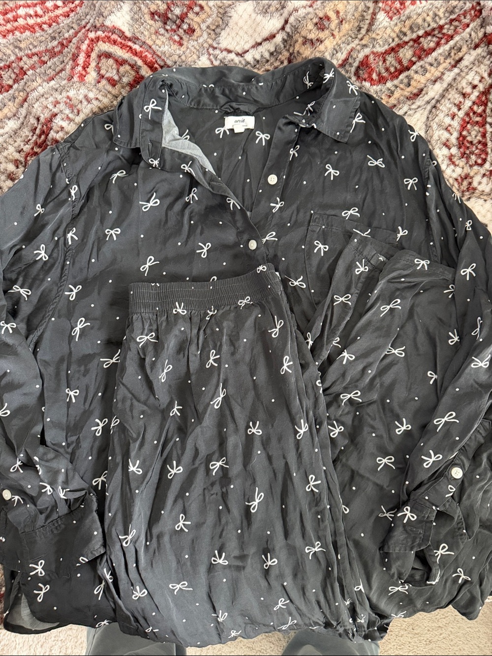 aerie Black Button-Down Shirt with White Bow Print